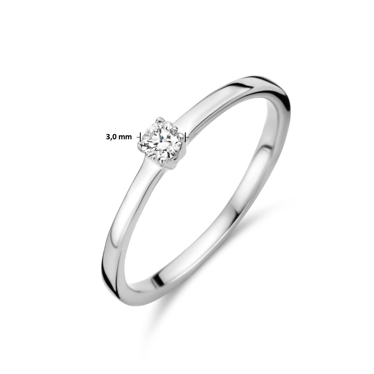 Afmetingen van de witgouden solitair ring met diamant van 14 karaat: 3 mm breed, 0,10 ct.