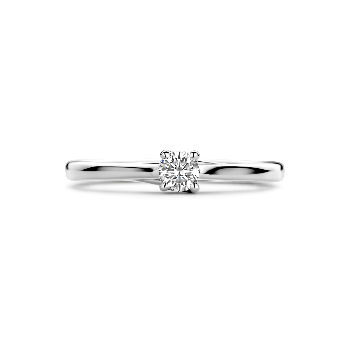 Bovenaanzicht van de witgouden solitair ring met diamant van 14 karaat, 0,15 ct.