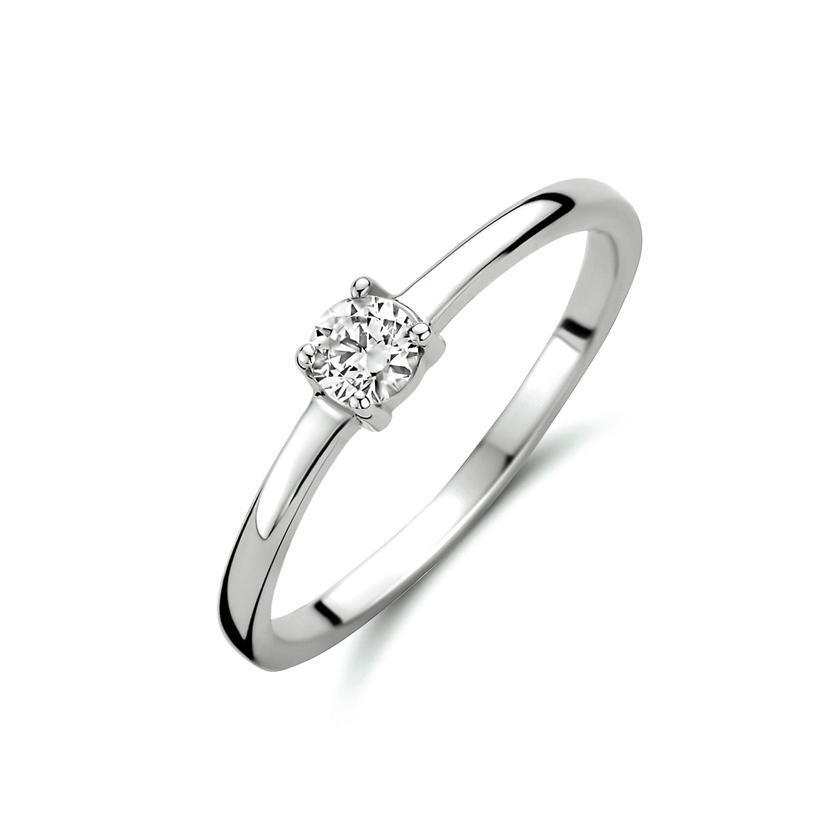 Schuin bovenaanzicht van de witgouden ring met zirkonia van 14 karaat.