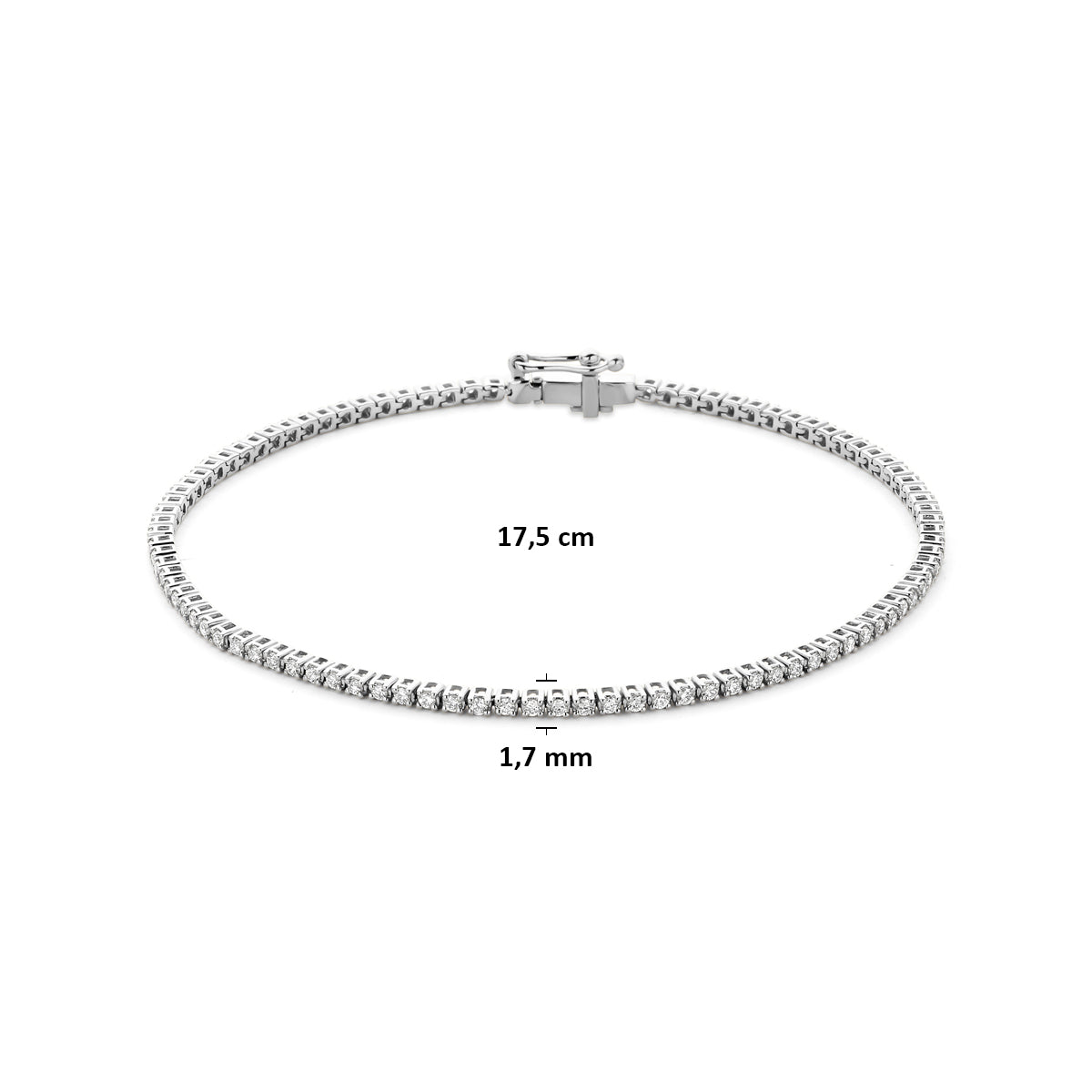 Afmetingen van de witgouden tennisarmband met lab grown diamant van 14 karaat: 17,5 cm lang en 1,7 mm breed, 1,00 ct.
