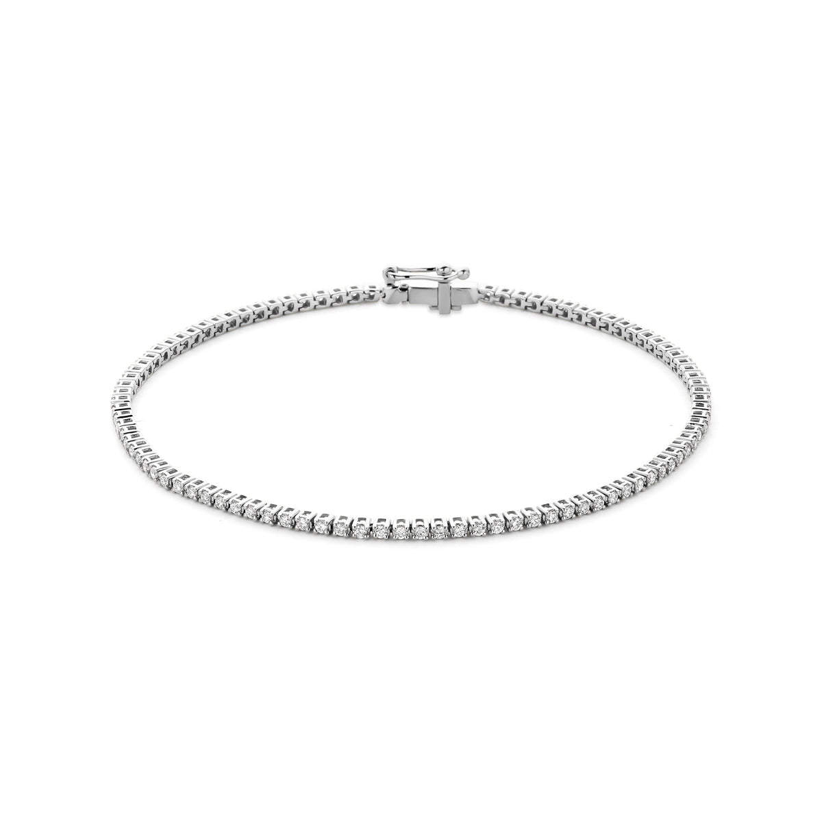 Vooraanzicht van de witgouden tennisarmband met lab grown diamant van 14 karaat.