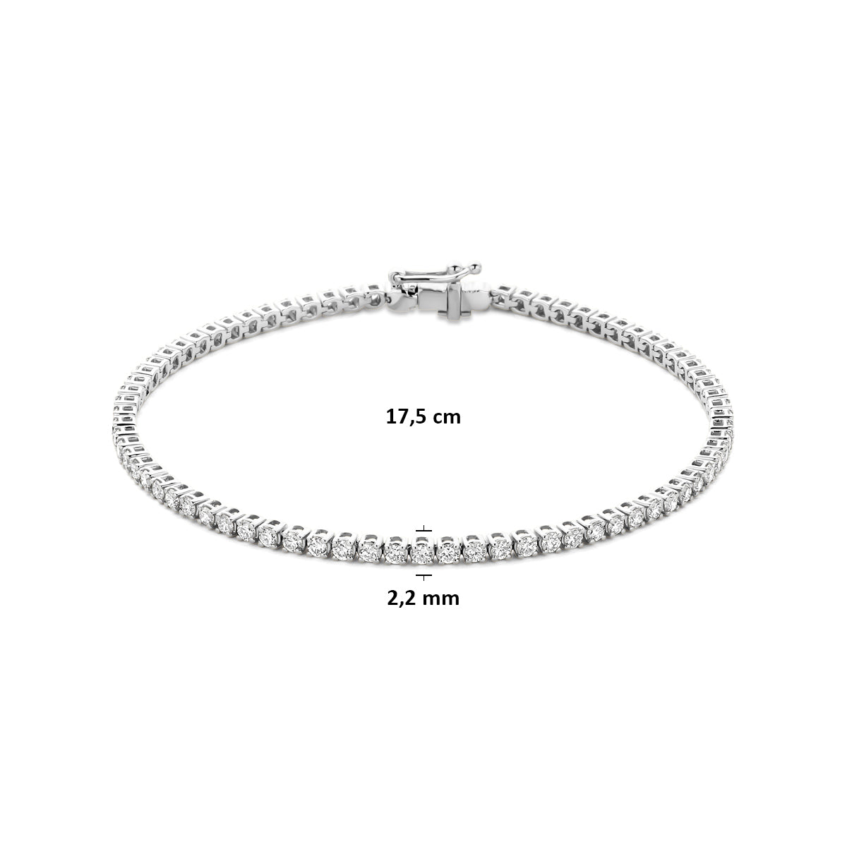 Afmetingen van de witgouden tennisarmband met lab grown diamant van 14 karaat: 17,5 cm lang en 2,2 mm breed, 2,00 ct.