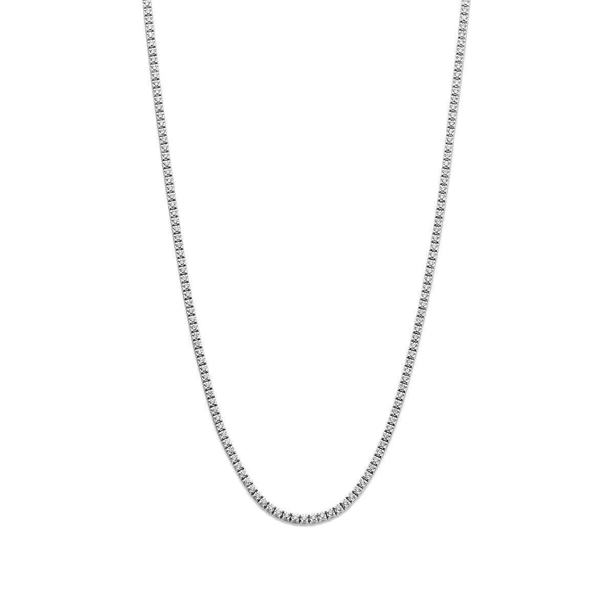 Vooraanzicht van de witgouden tennisketting met diamant van 14 karaat.