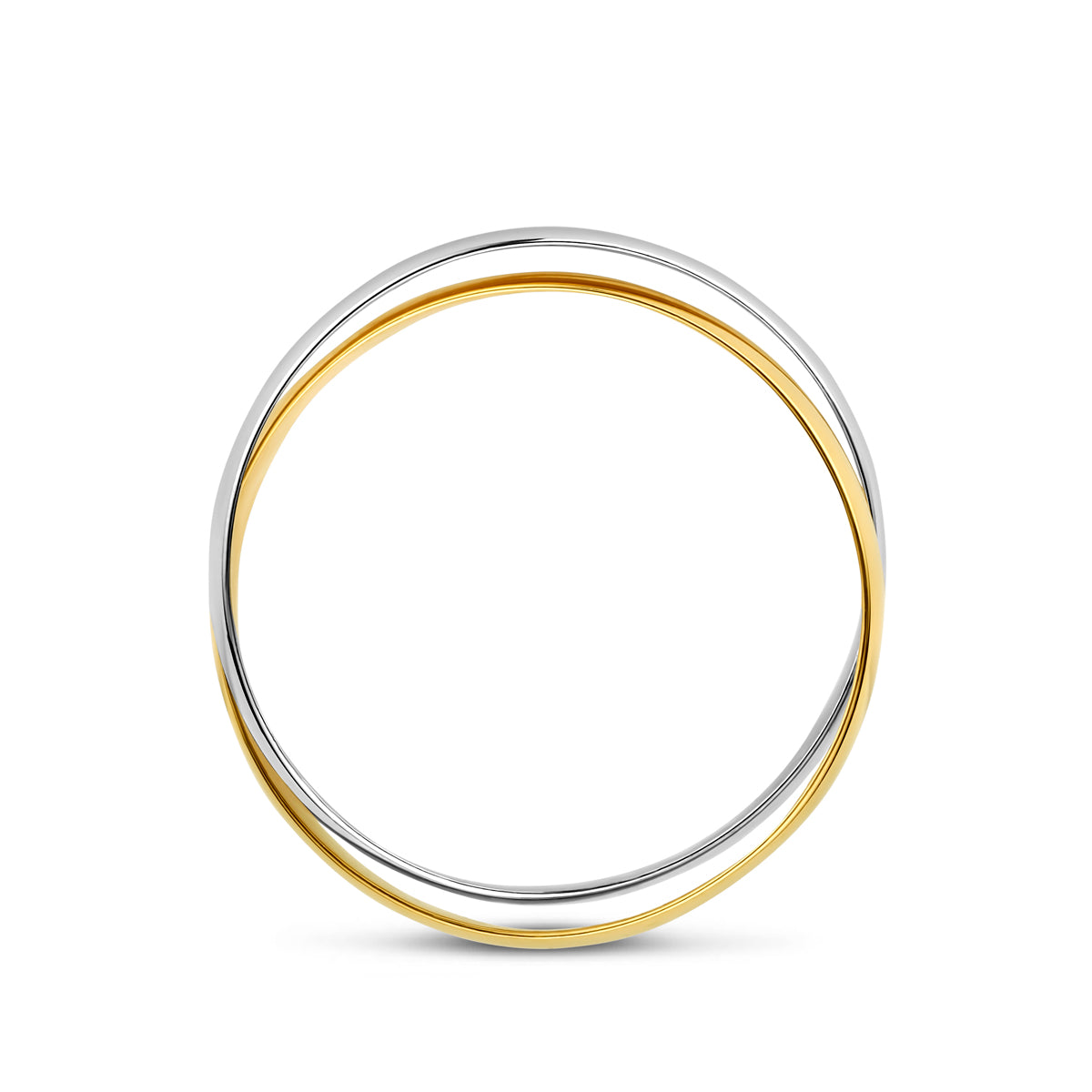 Zijaanzicht van het contrast tussen het 14 karaat geelgoud en witgoud.