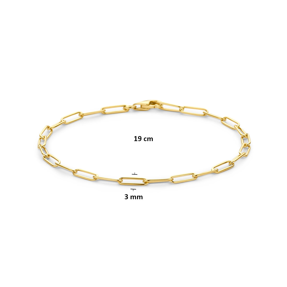 Technische afbeelding van de 14 karaat gouden ankerschakelarmband met afmetingen, 3 mm breed, 19 cm lang.