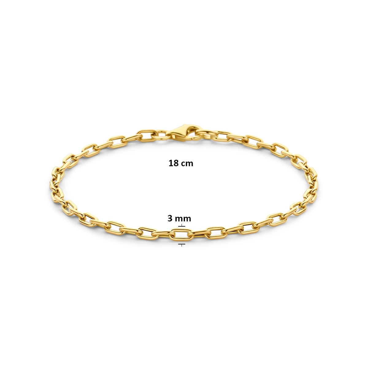 Technische afbeelding van de 14 karaat gouden armband met ankerschakel met afmetingen, 3 mm breed, 18 cm lang.