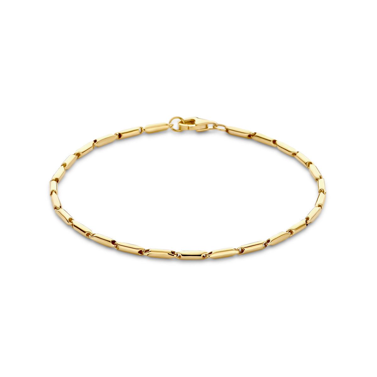Vooraanzicht van de fijne gouden armband met staafjes van 14 karaat, 1,9 mm breed.