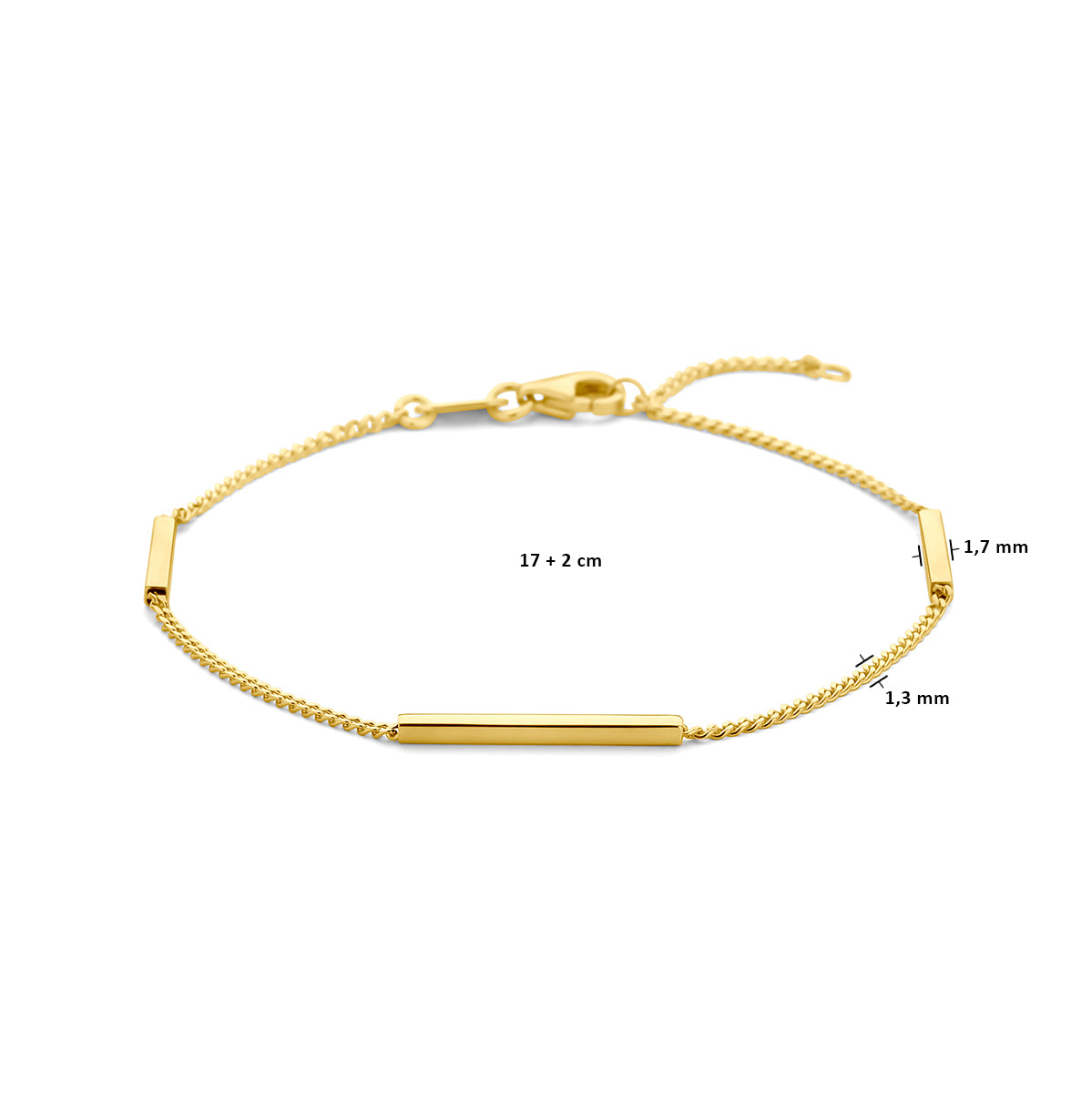 Technische afbeelding van de 14 karaat gouden armband met gourmette schakel en staafjes met afmetingen, 1,7 mm breed, 17 cm lang met verlengstuk tot 19 cm.