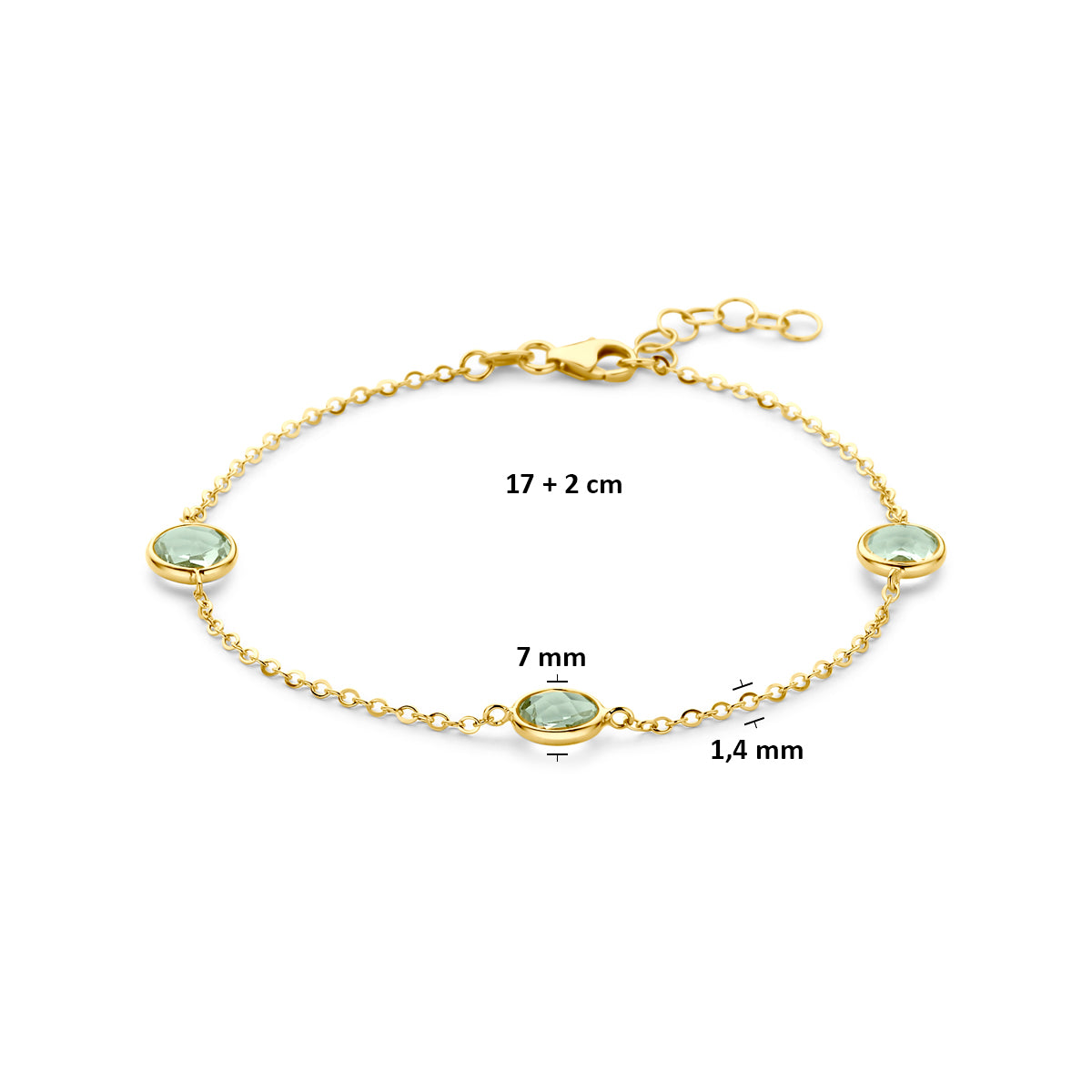 Technische afbeelding van de 14 karaat gouden armband met groene amethist met afmetingen, 7 mm breed, 17 cm lang met verlengstuk tot 19 cm.