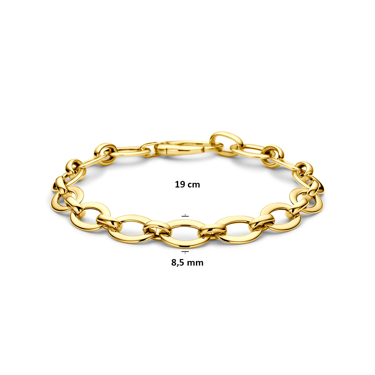 Technische afbeelding van de 14 karaat gouden armband met grote ovale schakels met afmetingen, 8,5 mm breed, 19 cm lang.