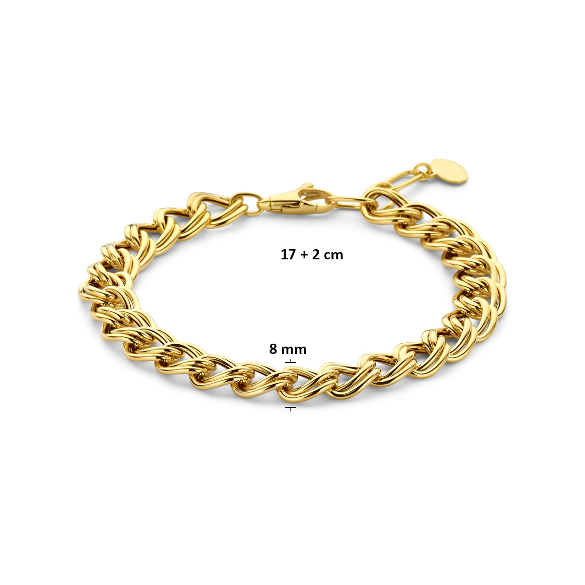 Technische afbeelding van de 14 karaat gouden armband met grove gourmetteschakel met afmetingen, 8 mm breed, 17 cm lang met verlengstuk tot 19 cm.