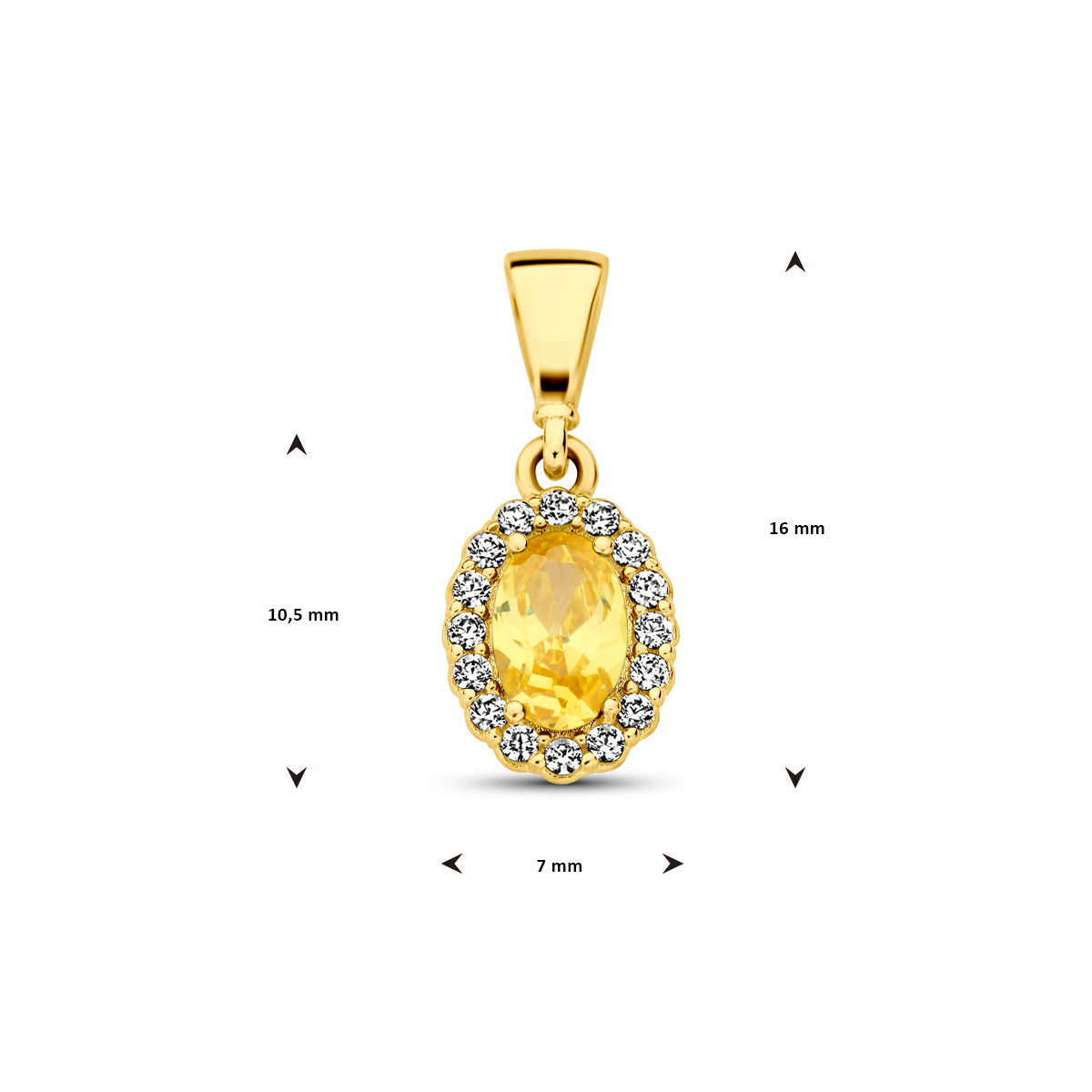 Technische afbeelding van de 14 karaat geelgouden geboortesteenhanger november met afmetingen, 16 mm hoog en 7 mm breed.