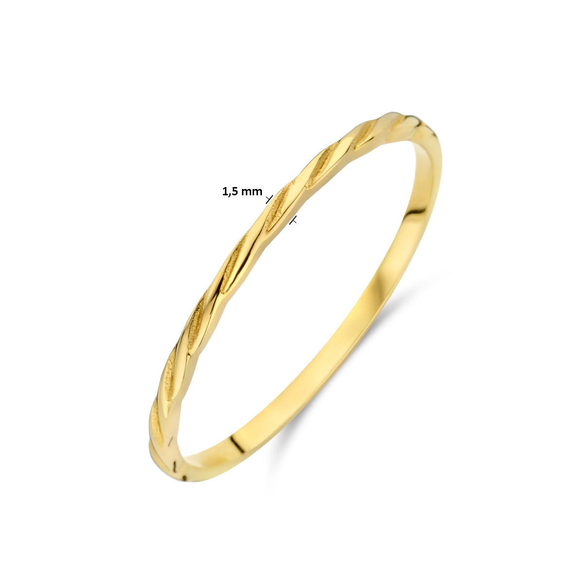 Technische afbeelding van de 14 karaat gouden gedraaide ring met afmetingen, 1,5 mm breed, verkrijgbaar in ringmaat 15 tot 18½.