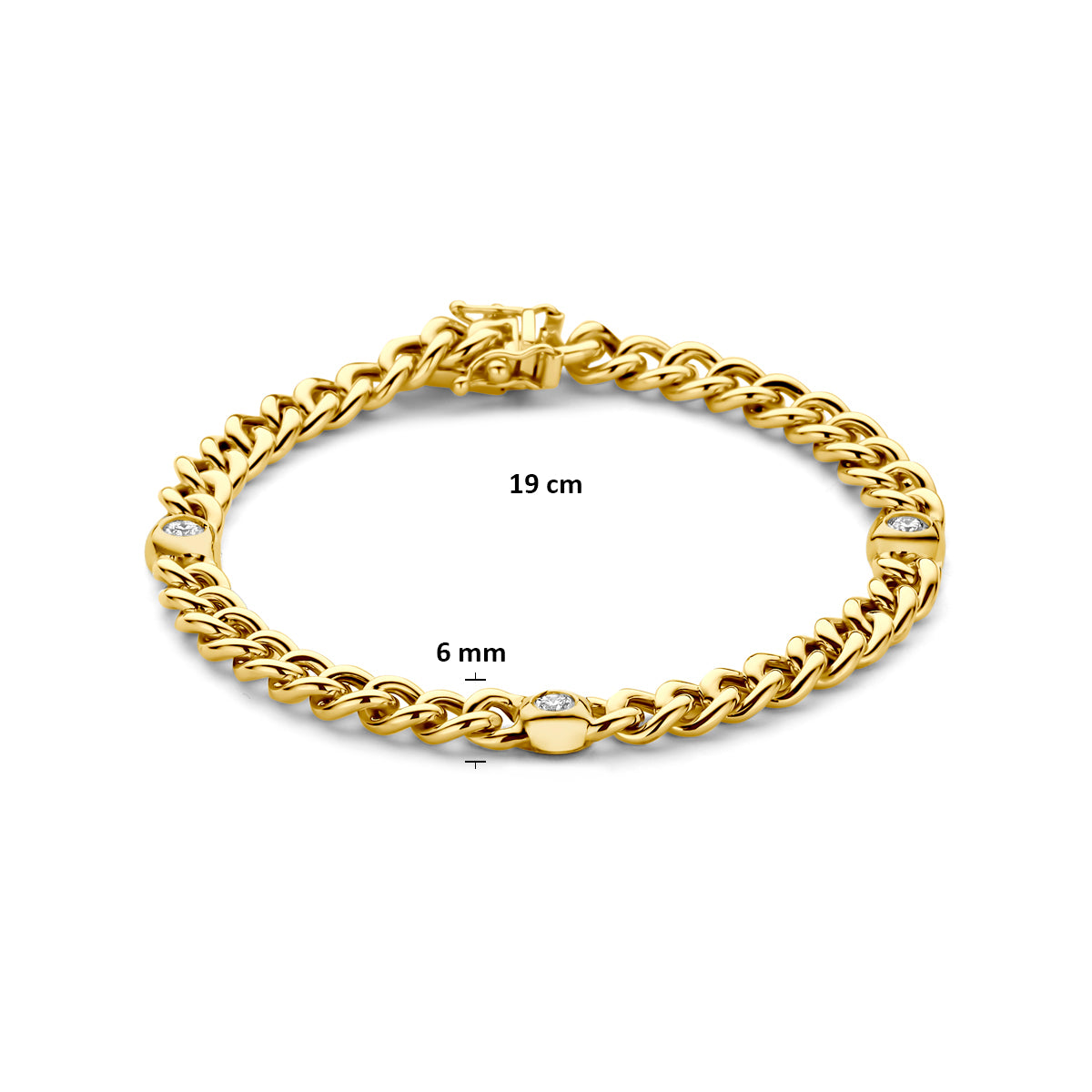 Technische afbeelding van de 14 karaat gouden gourmette armband met diamant 0,45 ct met afmetingen, 6 mm breed, 19 cm lang.