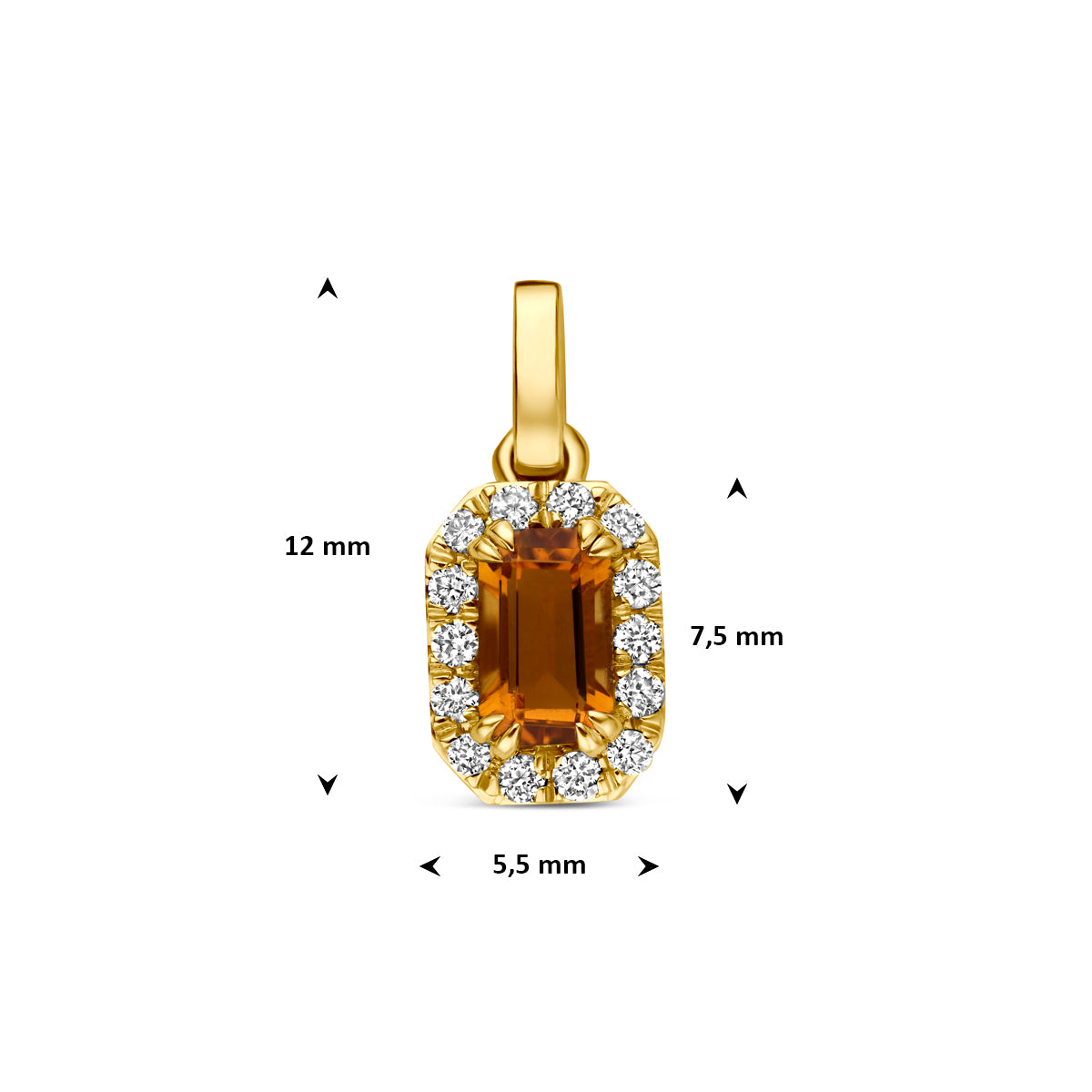 Technische afbeelding van de 14 karaat gouden halo hanger citrien met lab grown diamant 0,08 ct met afmetingen, 12 mm hoog inclusief oog en 5,5 mm breed.