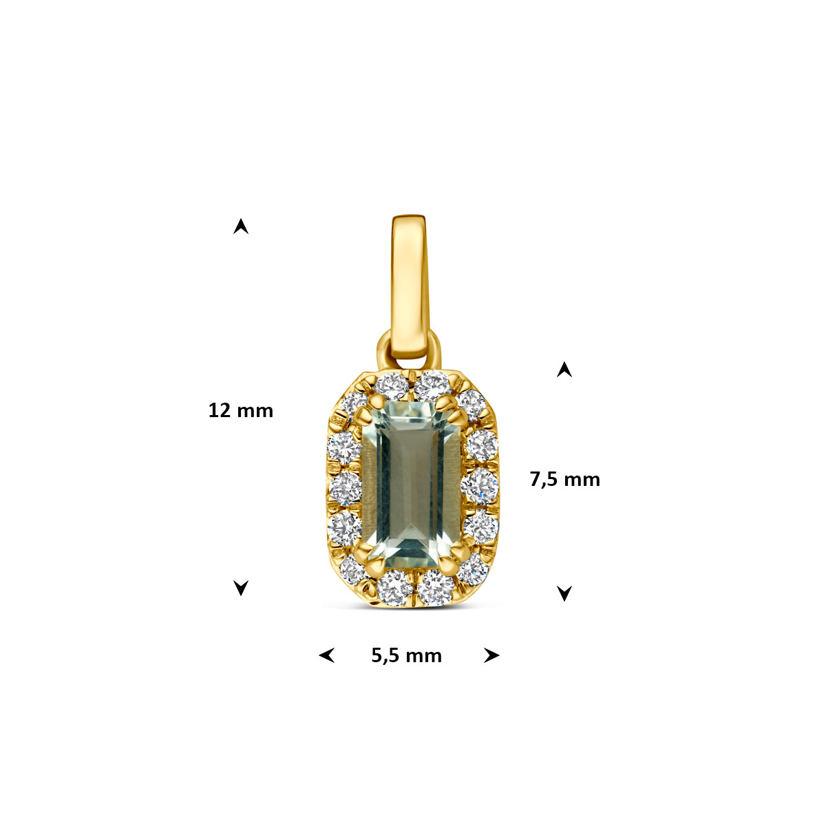 Technische afbeelding van de 14 karaat gouden halo hanger groene amethist met lab diamant 0,08 ct met afmetingen, 12 mm hoog inclusief oog en 5,5 mm breed.