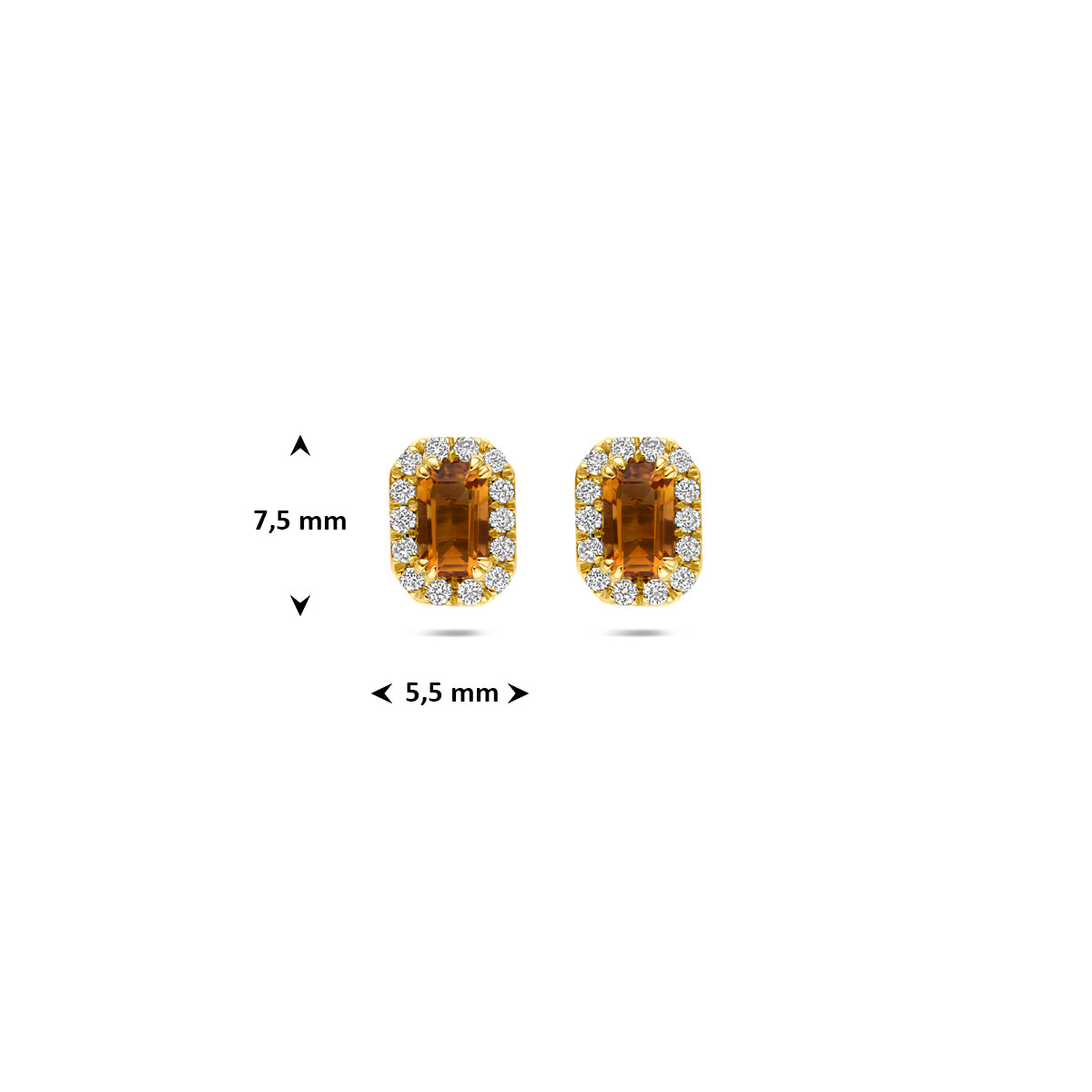 Technische afbeelding van de 14 karaat gouden halo oorknoppen citrien met lab diamant 0,16 ct met afmetingen, 7,5 mm hoog en 5,5 mm breed.