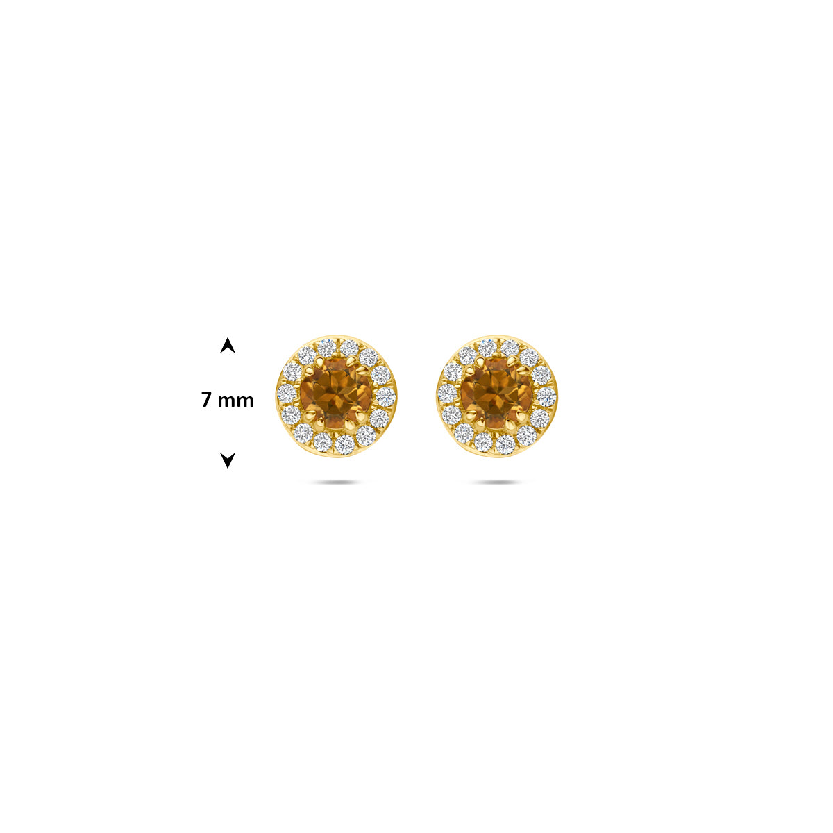Technische afbeelding van de 14 karaat gouden halo oorknoppen citrien met lab diamant 0,16 ct met afmetingen.