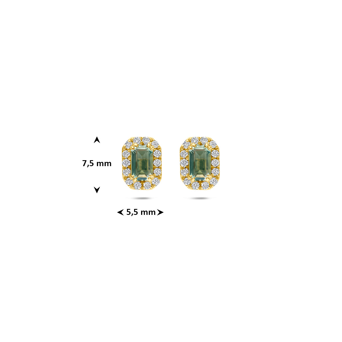 Technische afbeelding van de 14 karaat gouden halo oorknoppen groene amethist met lab diamant 0,16 ct met afmetingen, 7,5 mm hoog en 5,5 mm breed.