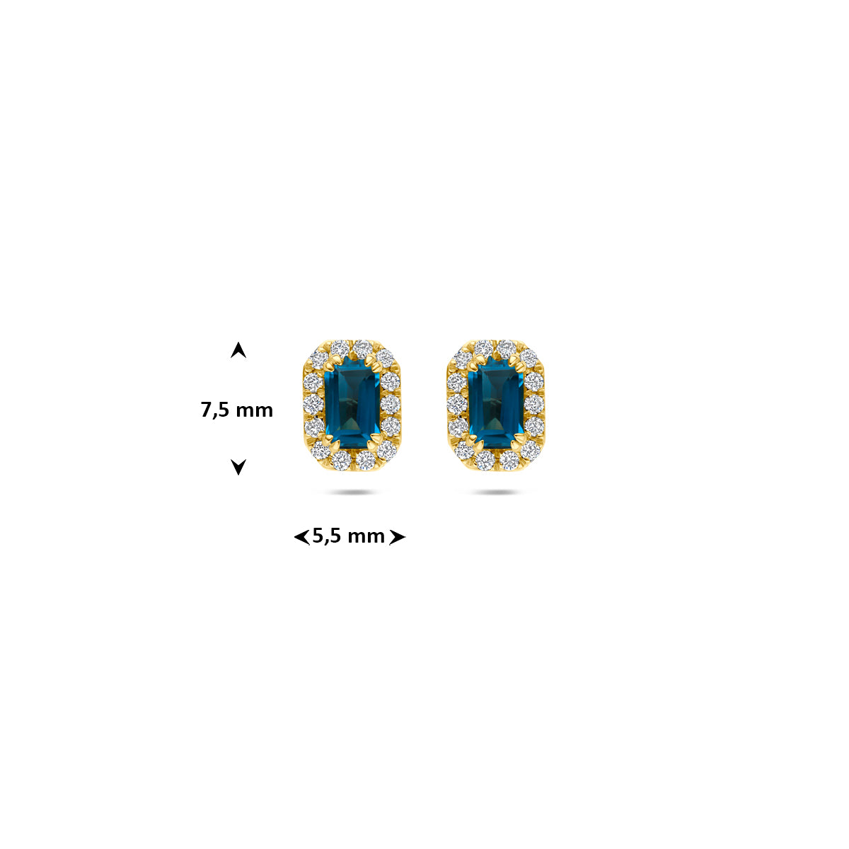 Technische afbeelding van de 14 karaat gouden halo oorknoppen london blue topaas met lab diamant 0,16 ct met afmetingen, 7,5 mm hoog en 5,5 mm breed.