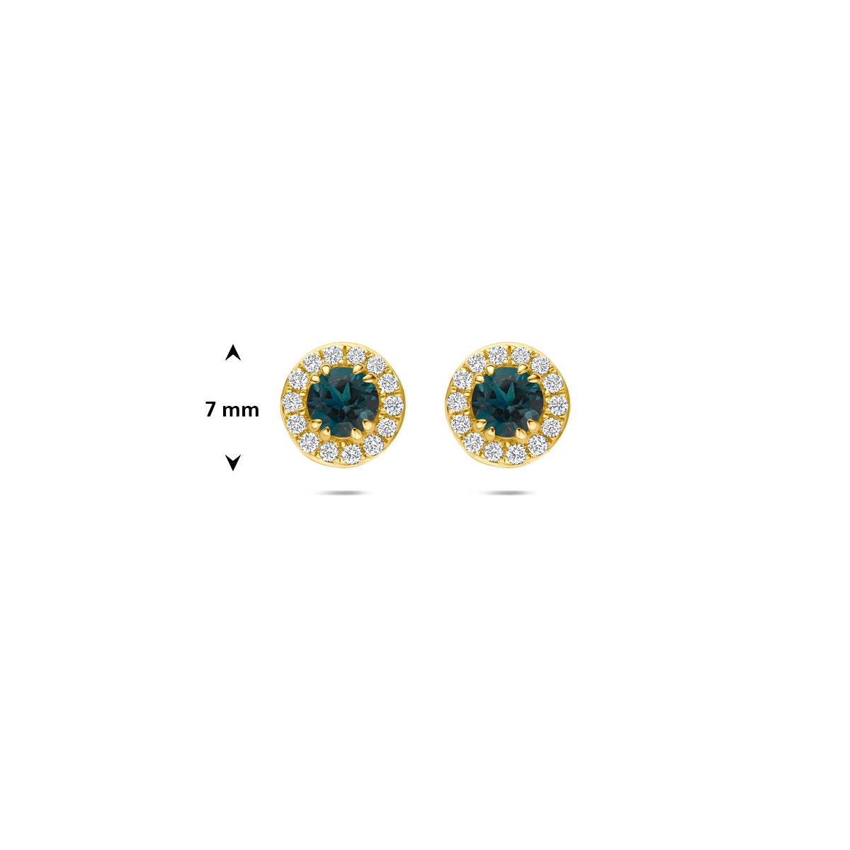 Technische afbeelding van de 14 karaat gouden halo oorknoppen london blue topaas met lab diamant 0,16 ct met afmetingen.