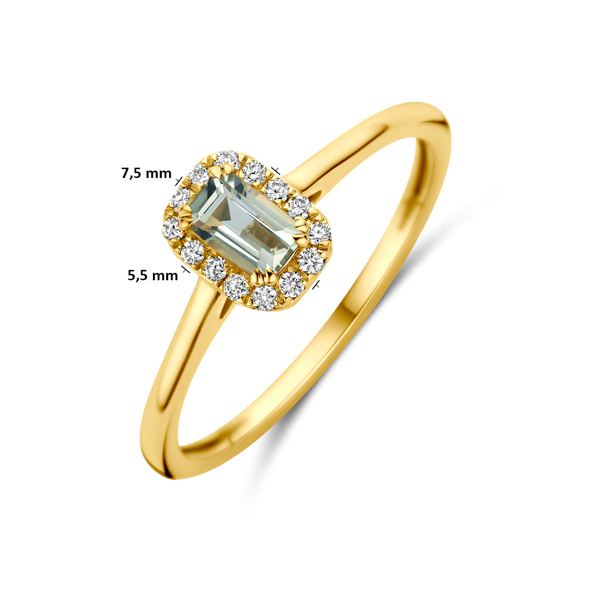 Technische afbeelding van de 14 karaat gouden halo ring groene amethist met lab diamant 0,08 ct met afmetingen, 7,5 mm breed en 5,5 mm hoog, verkrijgbaar in ringmaat 16½ tot 18½.