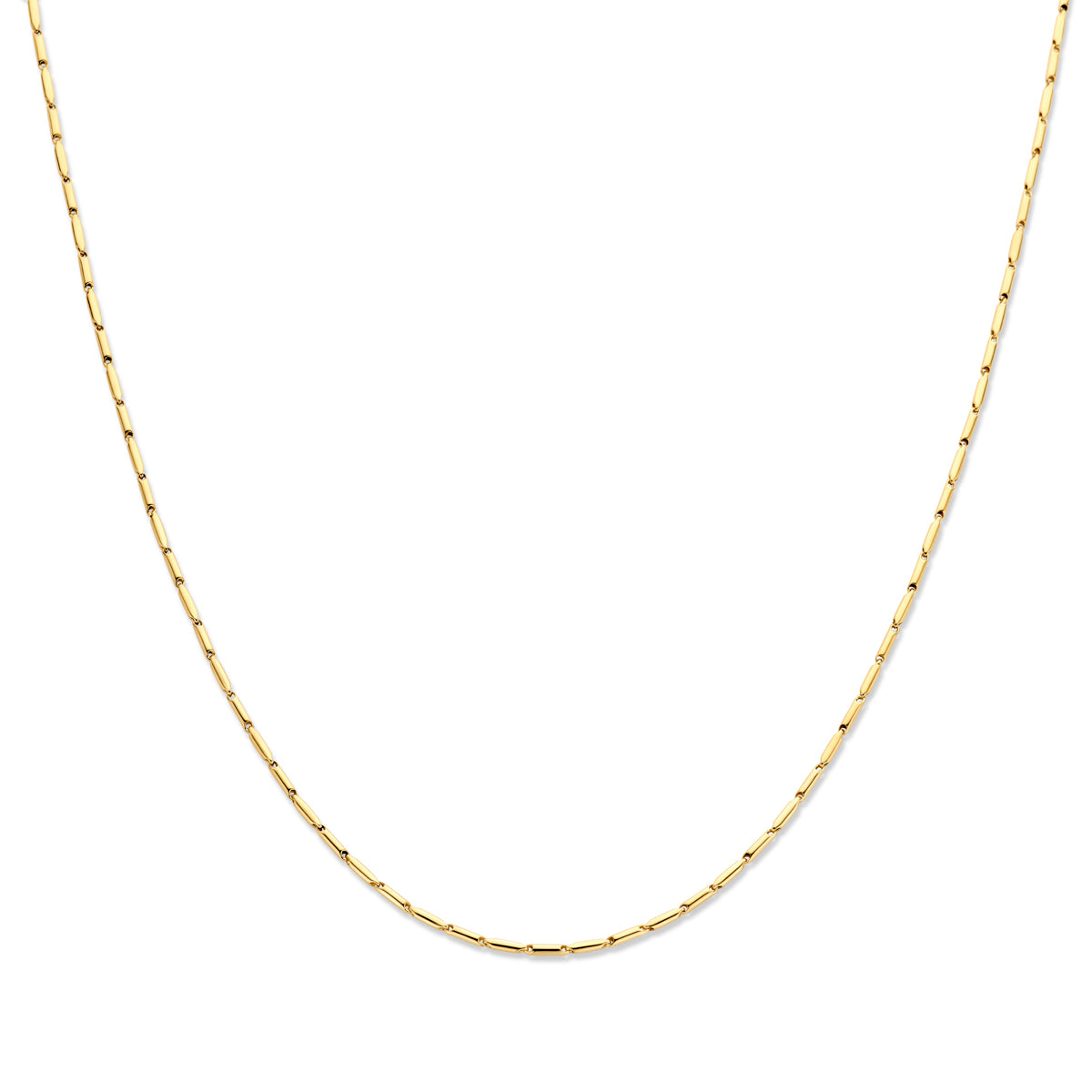 Vooraanzicht van de gouden ketting met staafjes van 14 karaat, 1,9 mm breed.