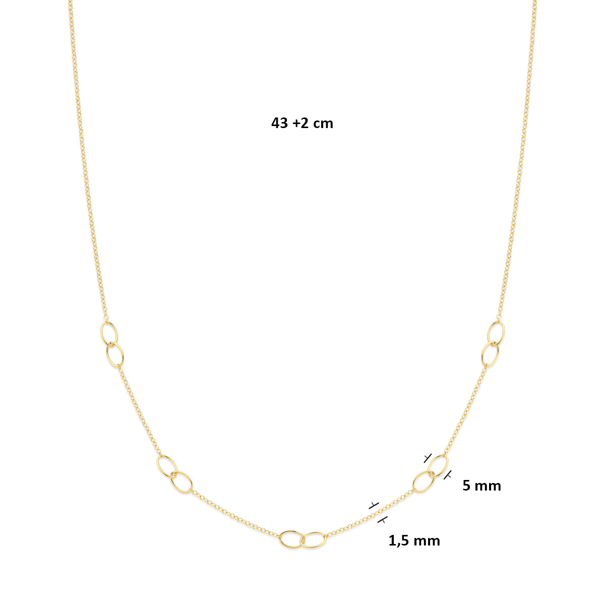 Technische afbeelding van de 14 karaat gouden halsketting met ovale schakel met afmetingen, 5 mm breed, 43 cm lang met verlengstuk tot 45 cm.