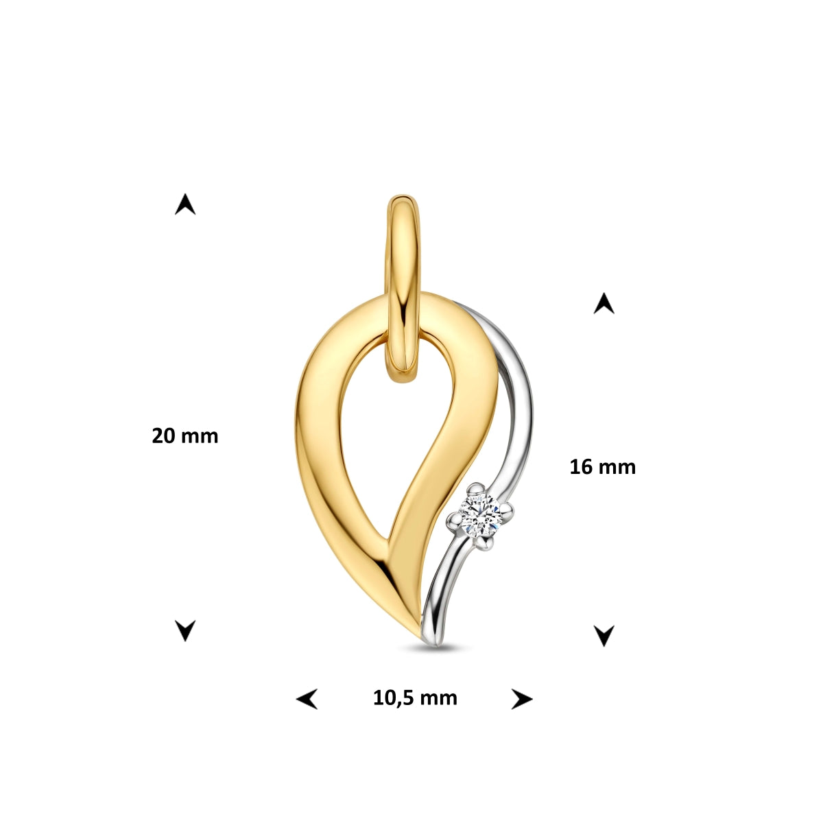 Technische afbeelding van de 14 karaat gouden hanger bicolor met diamant 0,03 ct met afmetingen, 20 mm hoog inclusief oog en 10,5 mm breed.