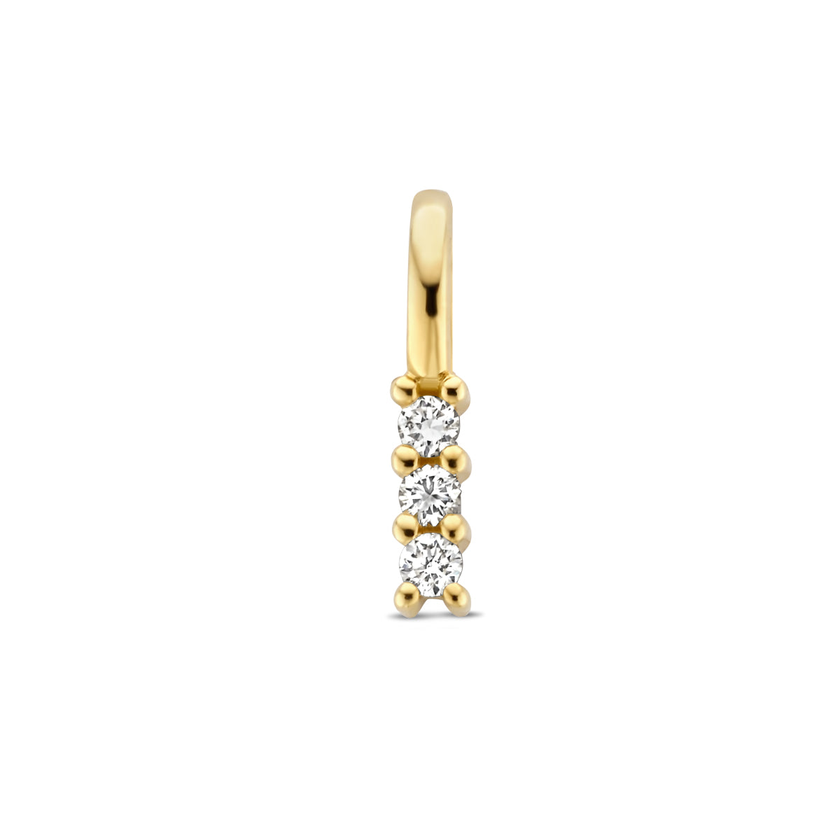 Vooraanzicht van de gouden hanger met diamant van 14 karaat, drie diamanten van samen 0,05 ct.