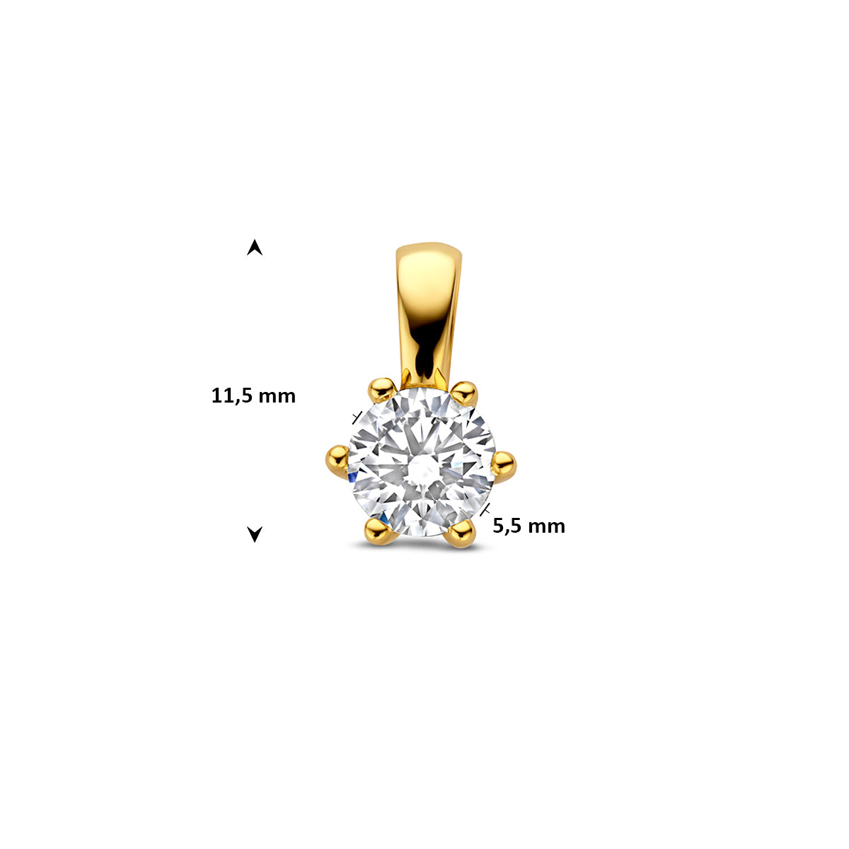 Technische afbeelding van de 14 karaat gouden hanger met lab grown diamant 0,50 ct met afmetingen, 11,5 mm hoog en 7 mm breed.