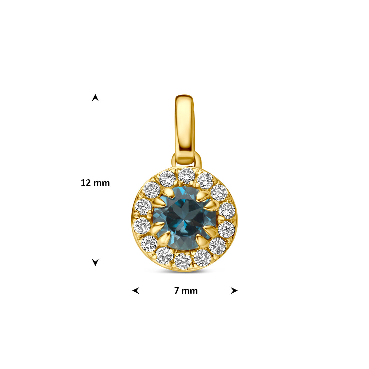 Technische afbeelding van de 14 karaat gouden hanger london blue topaas halo lab diamant 0,08 ct met afmetingen.