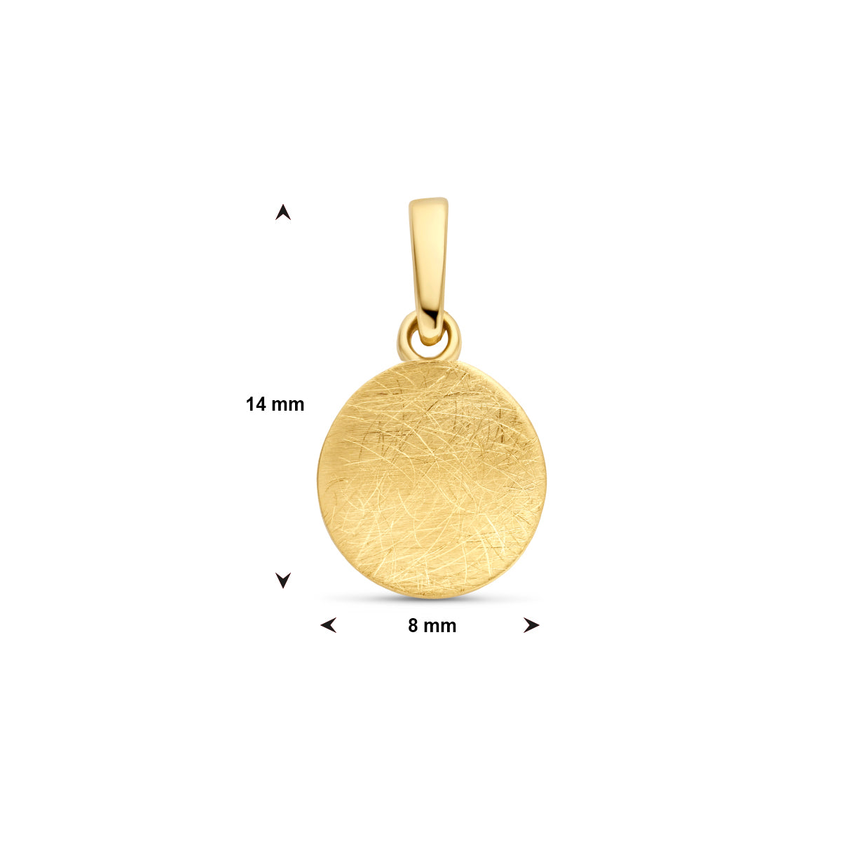 Technische afbeelding van de 14 karaat gouden hanger rond met afmetingen, 14 mm hoog.