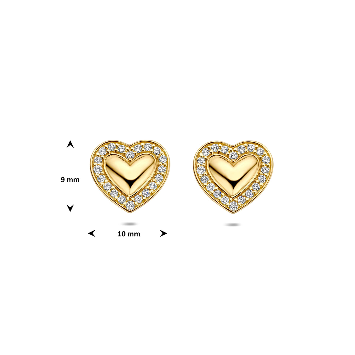 Technische afbeelding van de 14 karaat gouden hartjes oorknoppen lab diamant 0,20 ct met afmetingen, 9 mm hoog en 10 mm breed.