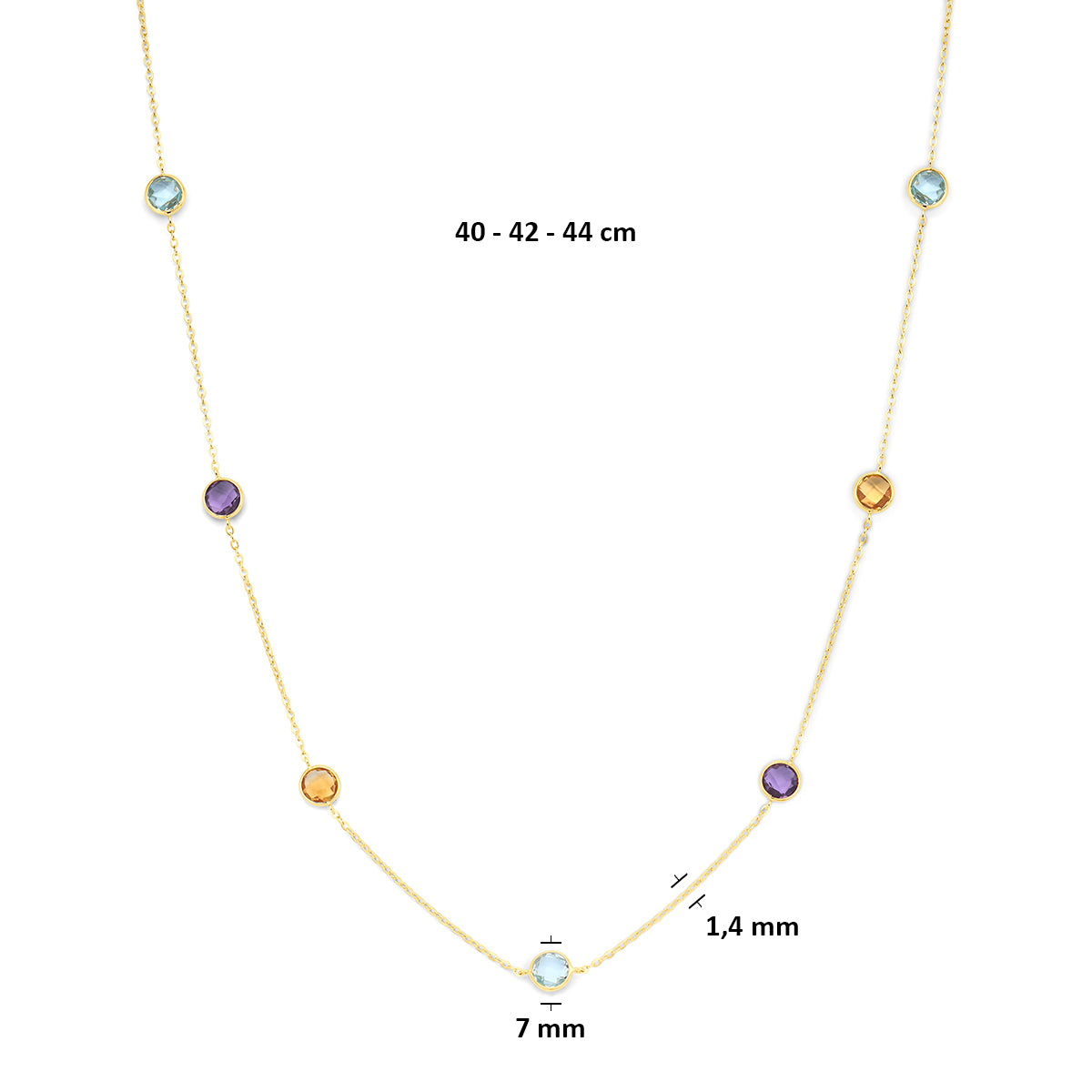 Technische afbeelding van de 14 karaat gouden ketting met kleurrijke edelstenen met afmetingen, 7 mm breed, 40 cm lang met verlengstuk tot 44 cm.