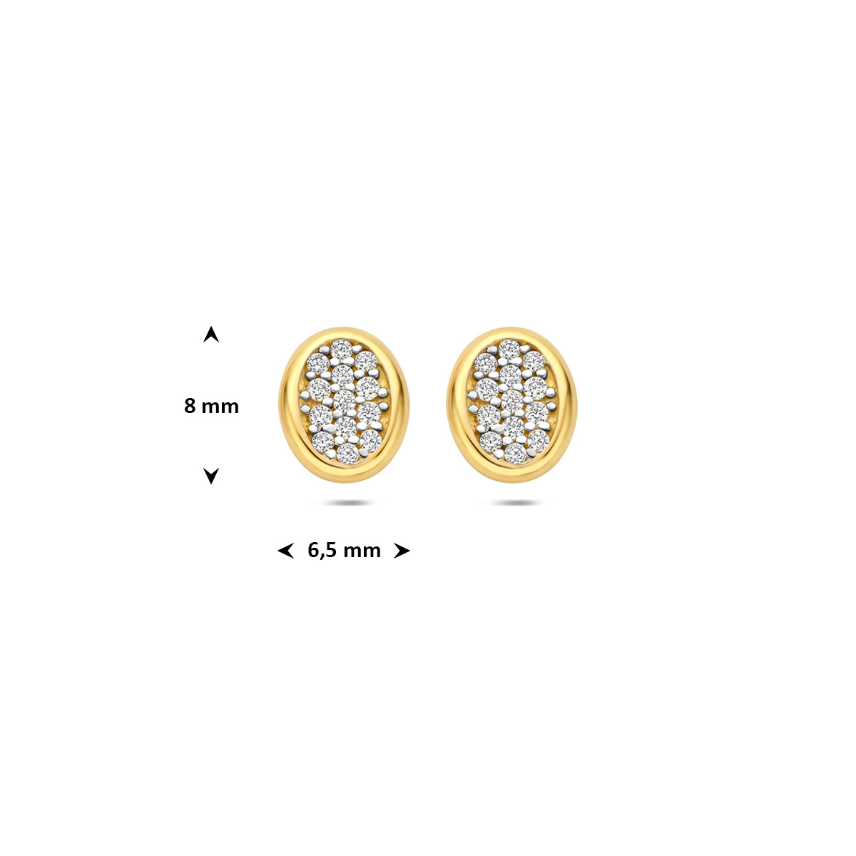 Technische afbeelding van de 14 karaat gouden oorbellen pavé zirkonia ovaal met afmetingen, 8 mm hoog en 6,5 mm breed.