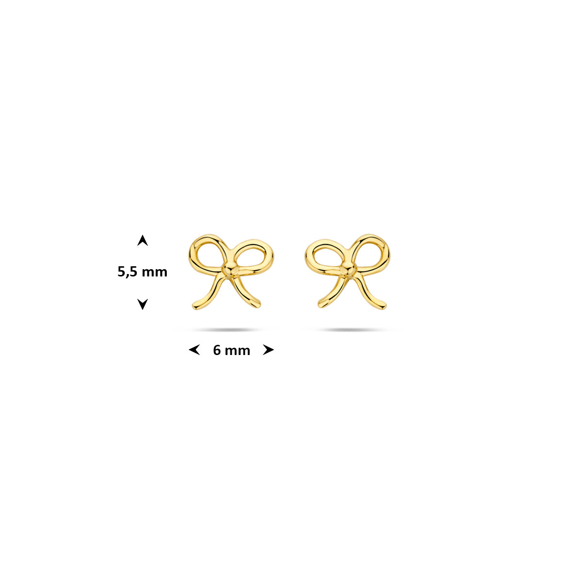 Afmetingen van de gouden strik oorbellen van 14 karaat: 5,5 mm hoog en 6 mm breed.