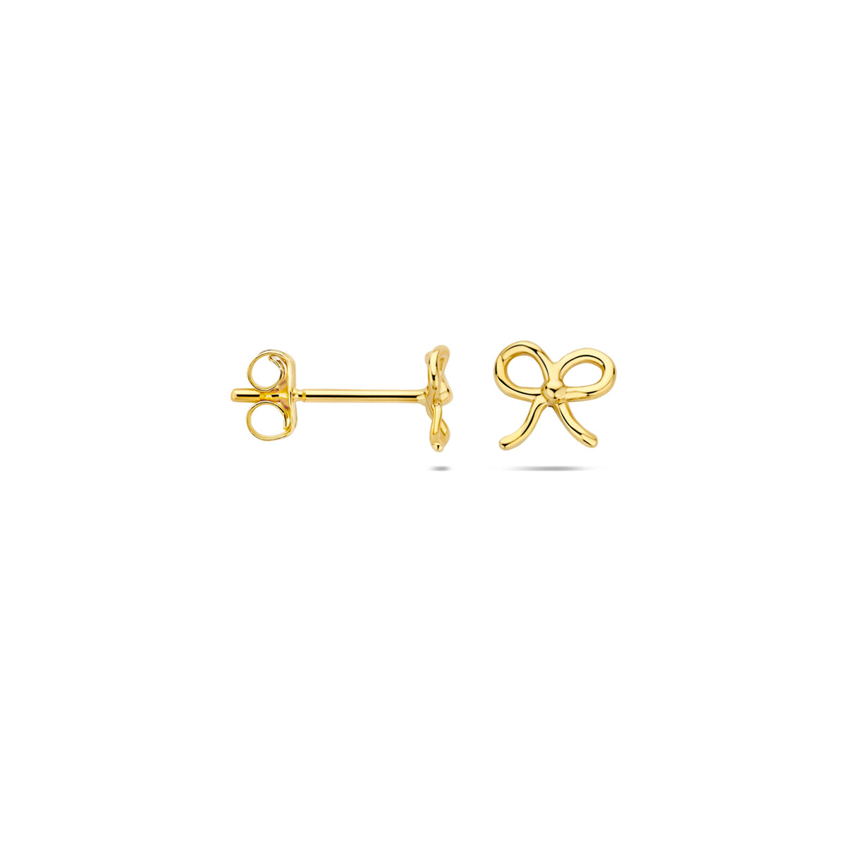Voor- en zijaanzicht van de gouden strik oorbellen van 14 karaat, met één oorbel van opzij.