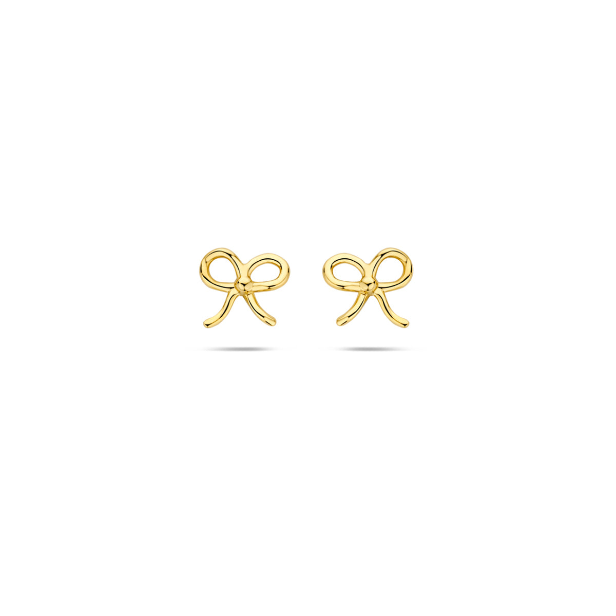 Vooraanzicht van de gouden strik oorbellen van 14 karaat.