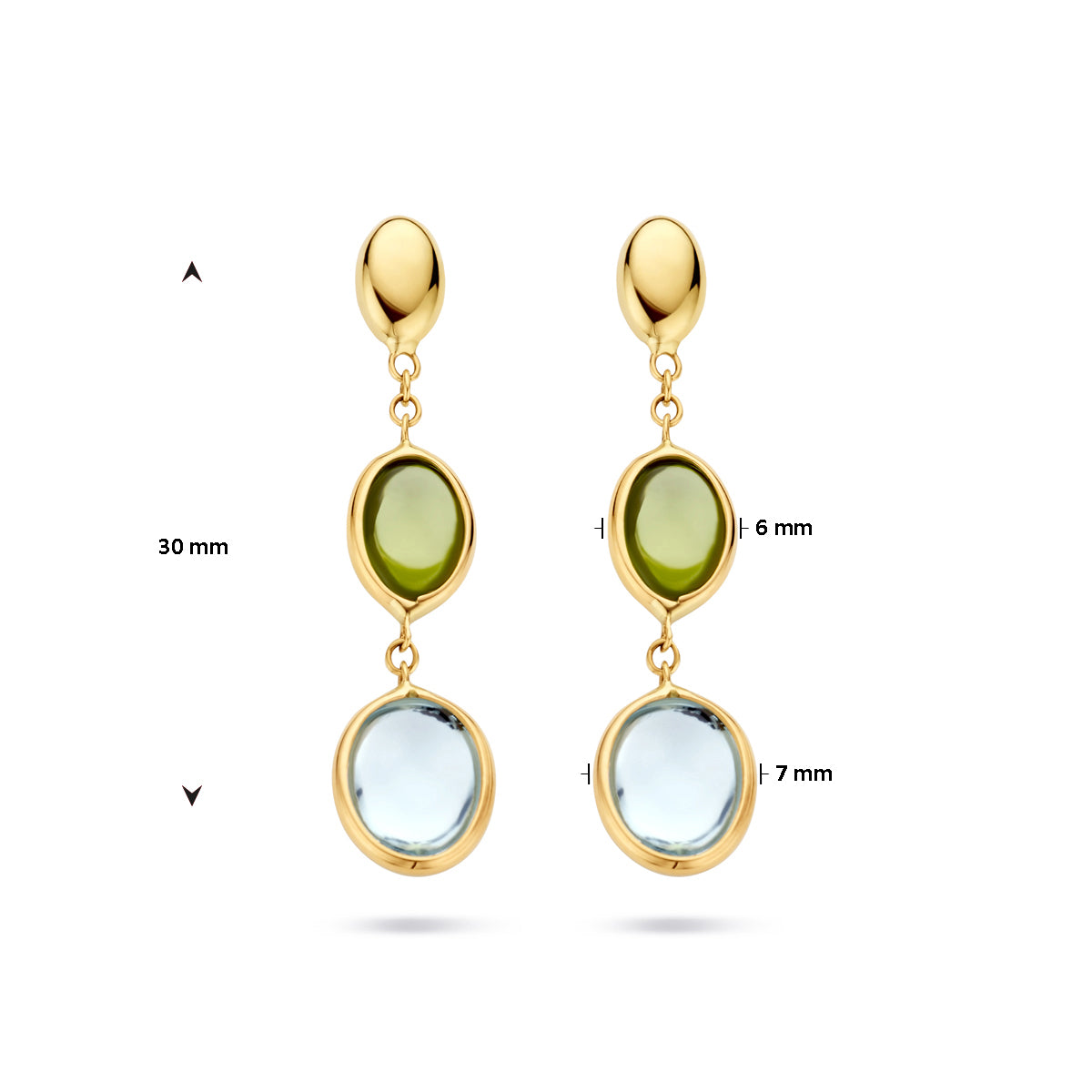 Technische afbeelding van de 14 karaat gouden oorhangers blauw topaas en peridot met afmetingen, 30 mm hoog en 7 mm breed.