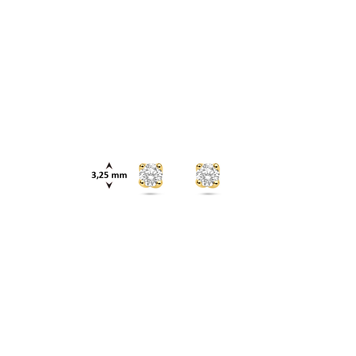 Technische afbeelding van de 14 karaat geelgouden oorknoppen met lab grown diamant 0,20 ct met afmetingen, 3,25 mm hoog en 3,25 mm breed.