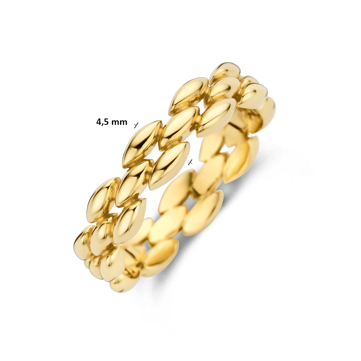 Technische afbeelding van de 14 karaat gouden ring met afmetingen, 4,5 mm breed, verkrijgbaar in ringmaat 16 tot 18½.