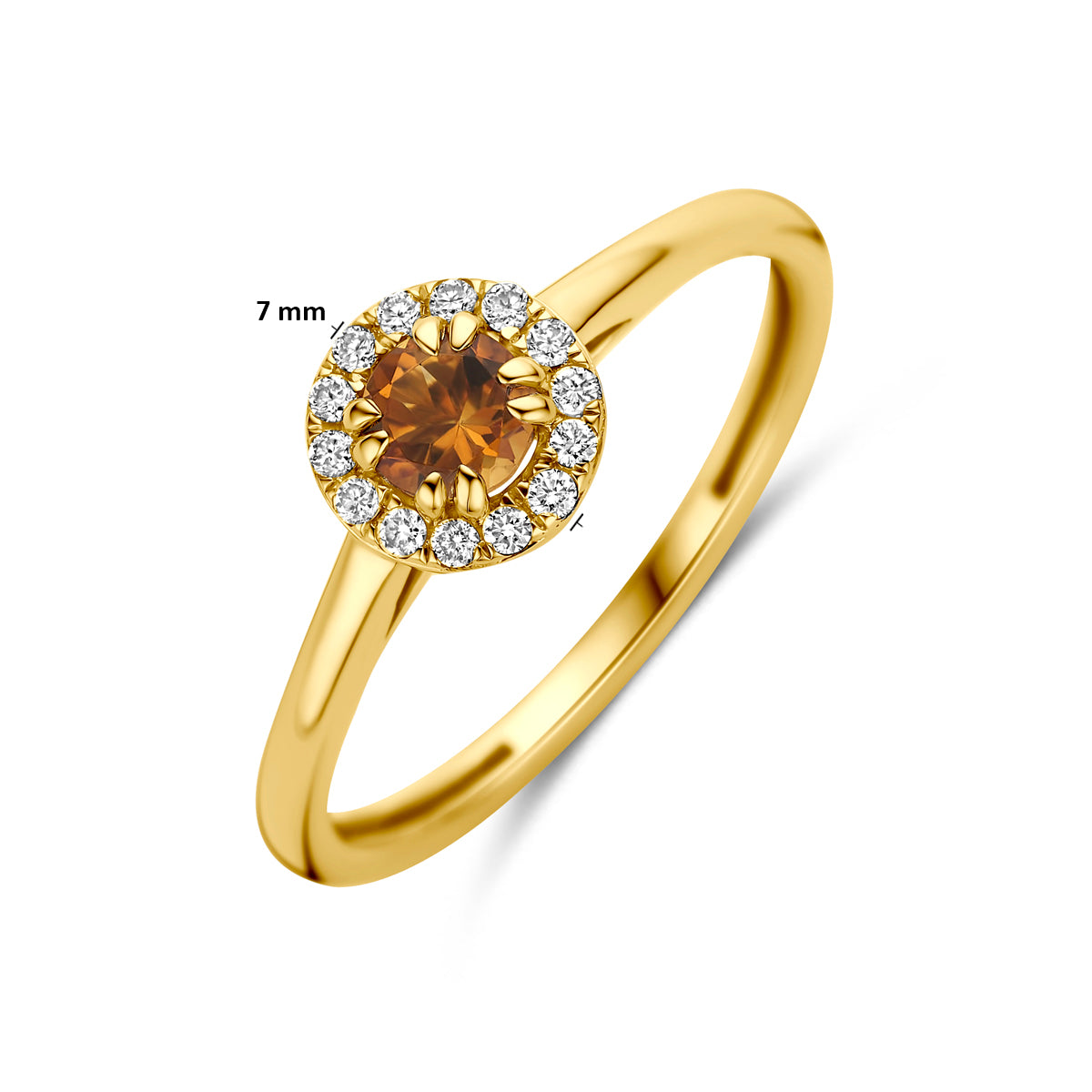 Technische afbeelding van de 14 karaat gouden ring citrien halo lab grown diamant 0,08 ct met afmetingen, 7 mm breed, verkrijgbaar in ringmaat 16½ tot 18½.