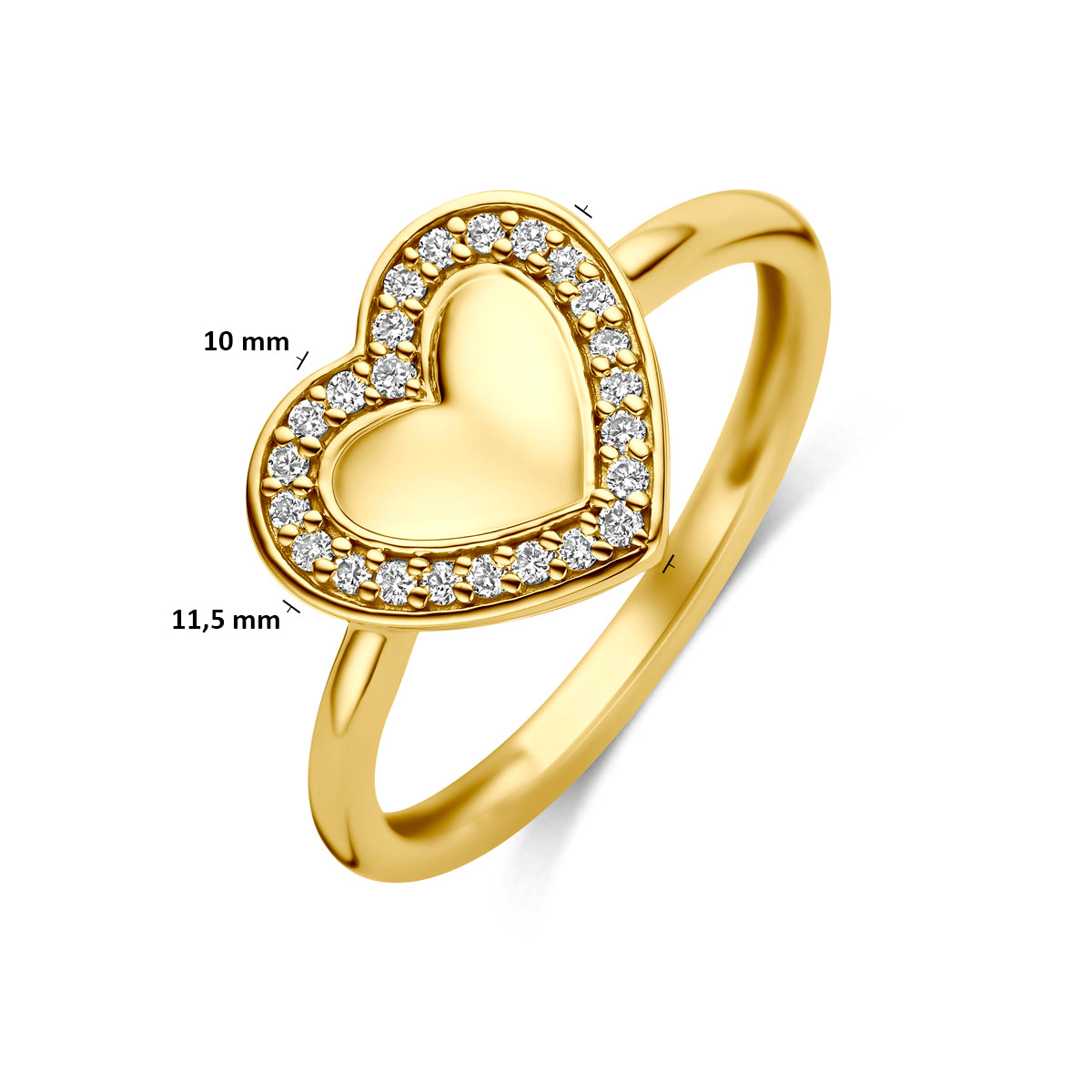 Technische afbeelding van de 14 karaat gouden ring lab grown diamant 0,11 ct met afmetingen, 11,5 mm breed en 10 mm hoog, verkrijgbaar in ringmaat 16½ tot 18½.