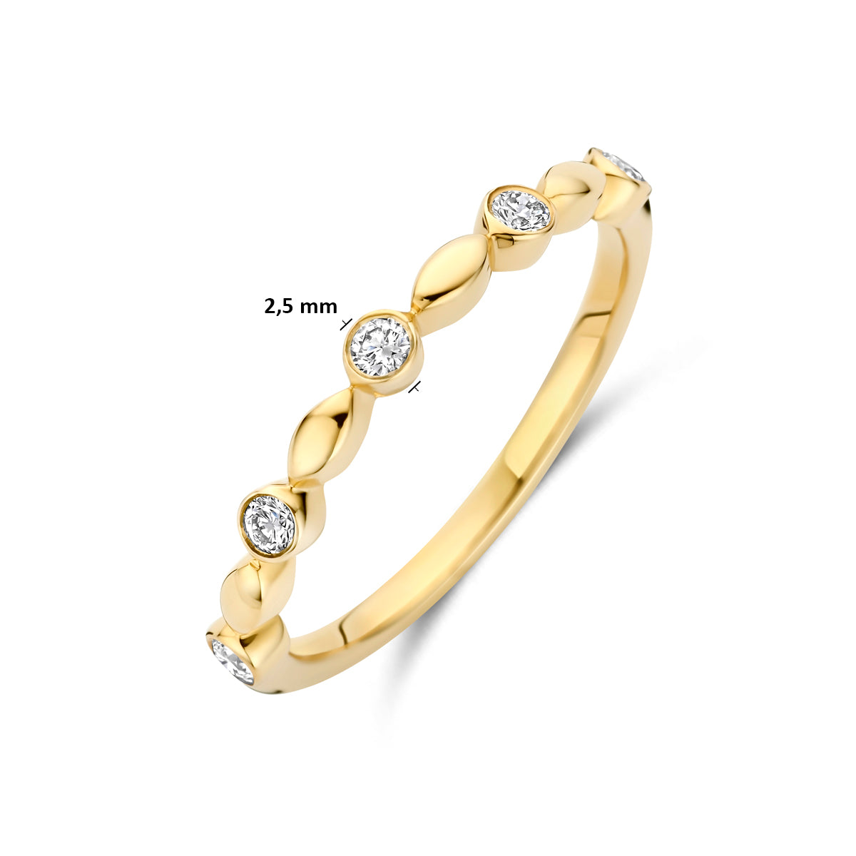 Technische afbeelding van de 14 karaat gouden ring met lab grown diamant 0,13 ct met afmetingen, 2,5 mm breed, verkrijgbaar in ringmaat 16 tot 18½.