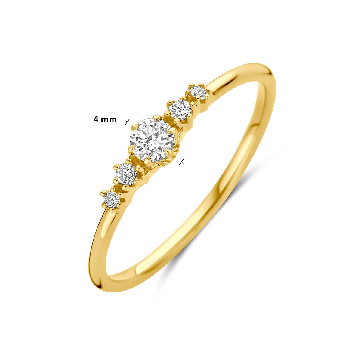 Technische afbeelding van de 14 karaat gouden ring met lab grown diamant 0,20 ct met afmetingen, 4 mm breed, verkrijgbaar in ringmaat 16 tot 18½.