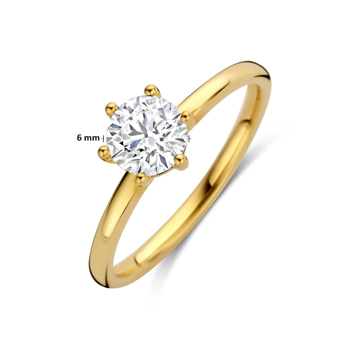 Technische afbeelding van de 14 karaat gouden ring met lab grown diamant 0,75 ct met afmetingen, verkrijgbaar in ringmaat 16 tot 18½.
