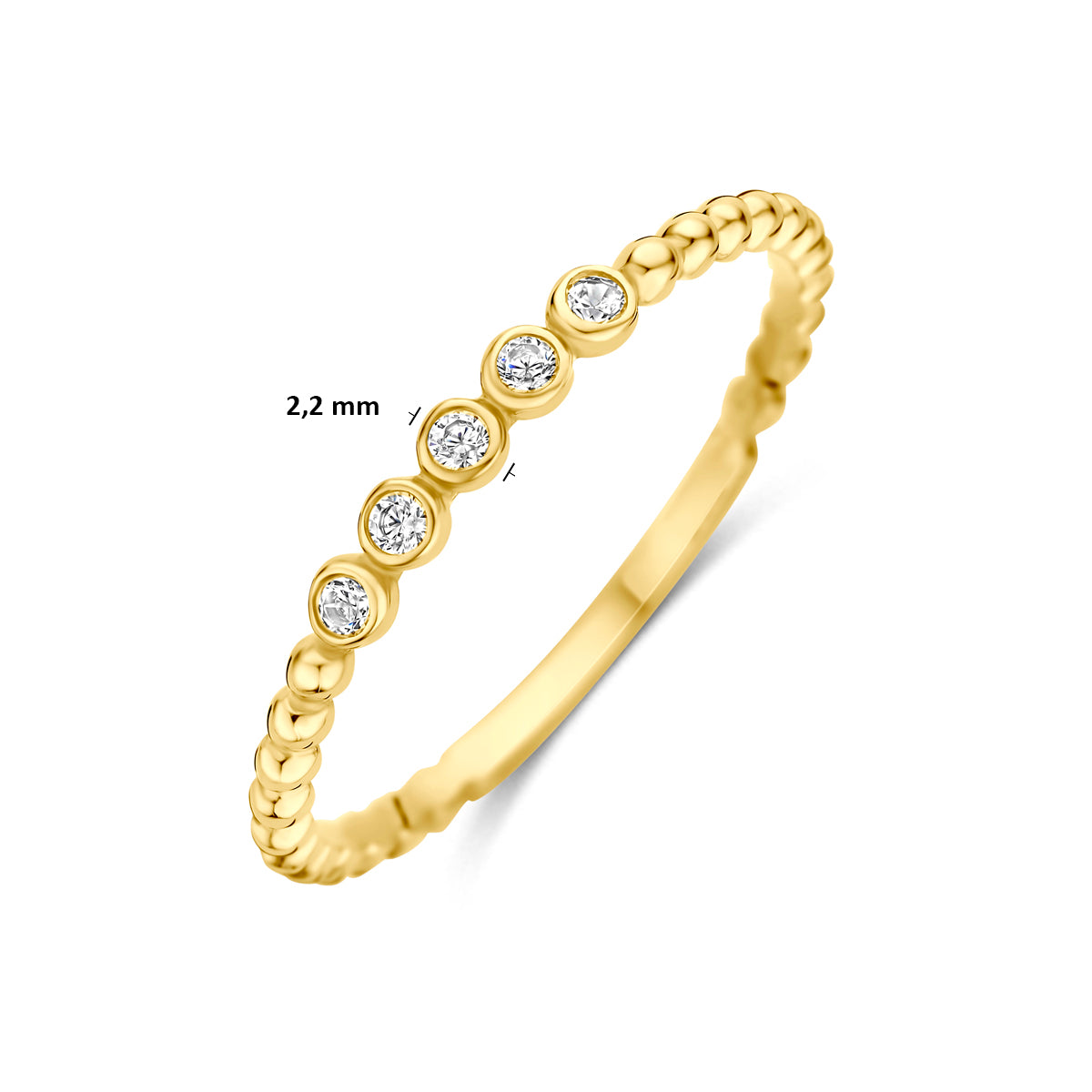 Technische afbeelding van de 14 karaat gouden ring met zirkonia met afmetingen, 2,2 mm breed, verkrijgbaar in ringmaat 16 tot 18½.