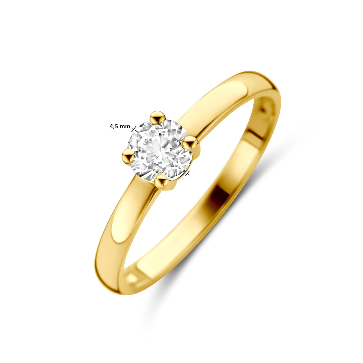Technische afbeelding van de 14 karaat gouden ring met zirkonia met afmetingen, 4,5 mm breed, verkrijgbaar in ringmaat 16 tot 18½.