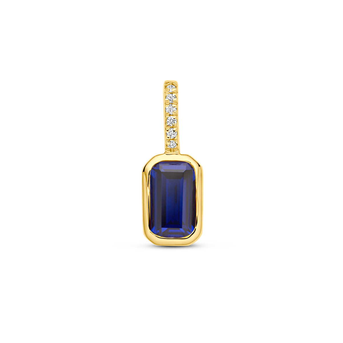 Vooraanzicht 14k geelgouden geboortesteen hanger Lumina met blauwe lab grown saffier en diamant.